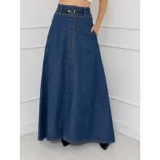 WL Moda Saia Jeans longo Com Cinto Feminina com Botão Tecido Grosso