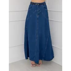 WL Moda Saia Jeans longo Com Cinto Feminina Ligeiramente Dobrada Tecido Grosso Lavagem escura