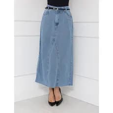 WL Moda Saia Jeans longo Com Cinto Simples e elegante Feminina Cintura Alta