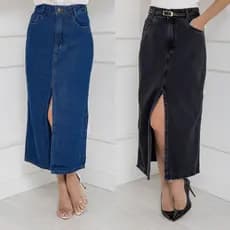 WL Moda Saia midi Jeans Feminina Cintura Alta