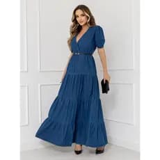 WL Moda Vestido jeans com cinto feminina longa manga bufante