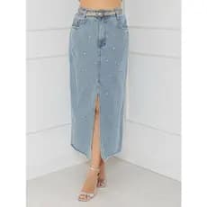 WL Mods Saia midi Jeans femenina cintura alta com brilho detalhe de strass