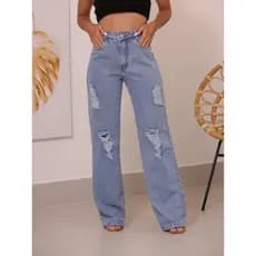 WL Moda Calça Jeans rasgada pantalona wide leg Cintura Alta Tecido Grosso feminina