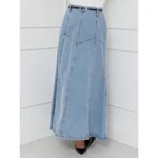WL Moda Saia Jeans longo Com Cinto Feminina Ligeiramente Dobrada Tecido Grosso