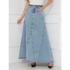 WL Moda Saia Jeans longo Com Cinto Feminina Ligeiramente Dobrada Tecido Grosso