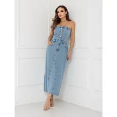 WL Moda Vestido jeans feminina sem mangas com botões Tecido Grosso Lavagem clara