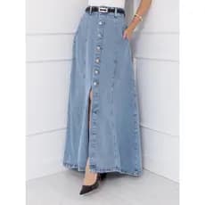 WL Moda Saia Jeans longo Com Cinto Botão Bolso Cruzado Tecido Grosso