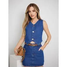 WL Moda Jeans Conjunto feminina Colete Denim com Botões Metálicos e saia de denima Retrô e minimalista