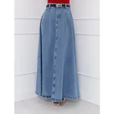 WL Moda Saia Jeans longo Feminina Ligeiramente Dobrada Tecido Grosso cintura alta