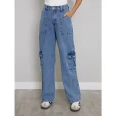 WL Moda Calça Feminina Cargo Wide Leg com Bolsos Laterais Funcionais  Lavagem Média