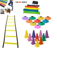 Kit Funcional Treino Agilidade 10 Cones 10 Chapeus 1 Escada Com 7 Degraus 1 Kit 5 Faixas Mini Bands