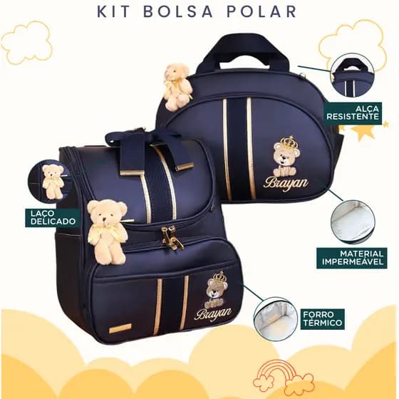 Kit Maternidade 2 Peças Bolsa e Mochila Personalizado Térmica Impermeável, Coleção Polar