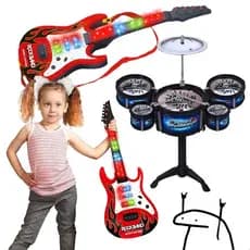 Kit guitarra vermelha + mini bateria infantil musical brinquedo presente de natal dia das crianças