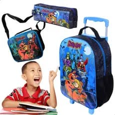 Mochila Infantil Escolar Masculina Scooby-Doo com Rodinha Lancheira Estojo Kit Completo Material Escolar