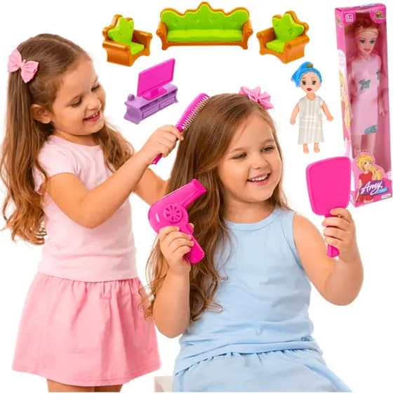 Kit 3 Em 1 Brinquedos menina bonecas e moveis para casinha brincadeira faz de conta salão de cabelo