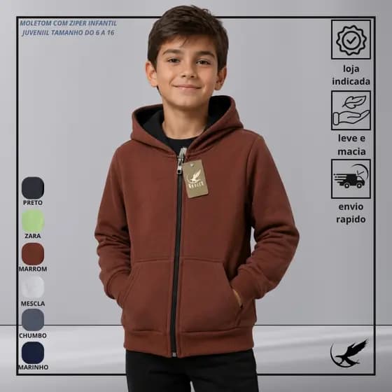 Moletom Infantil Flanelado Com Zíper e Capuz Forrado e Bolsos Unissex