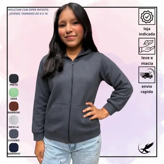 Moletom Aberto Com Zíper Infantil Juvenil Unissex Menina e Menino