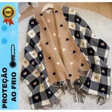 Cachecol Echarpe Dupla Lenço Grosso Frio Xadrez Coração Moda Invero