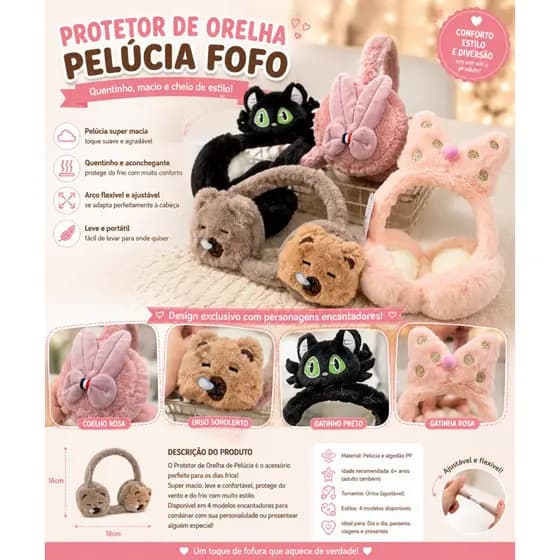 Protetor de Orelha Infantil Adulto Tamanho Único Fofo Confortavel Quentinho