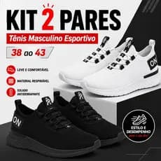 Kit 2 Tênis Masculino Preto Branco Esportivo Casual Confortável Solado Macio Promoção