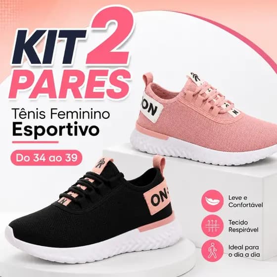 Kit 2 Tênis Feminino Preto Rosa Esportivo Casual Confortável Solado Macio Academia