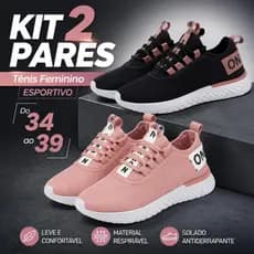 2 Pares Tênis Feminino Casual Esportivo Preto Rosa Confortável Leve Dia a Dia