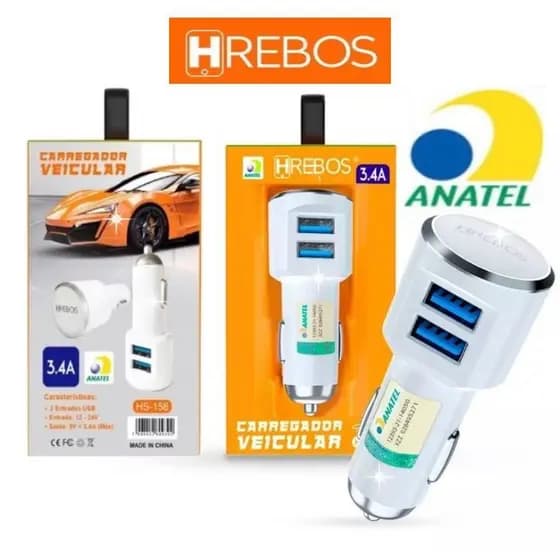Carregador Veicular Turbo 3.4A Dual USB original Hrebos HS-158
