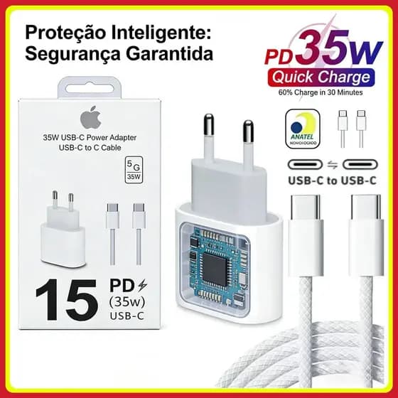 Kit Carregador iPhone 35W turbo PD Com Cabo USB-C Compatível pra iPhone 17 16 15