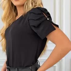 Blusa elegante moda casual no tecido duna manga curta com botão manga princesa bufante moda maior Plus size P ao G3