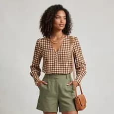 CAMISA XADREZ MANGA COMPRIDA FESTA JUNINA SÃO JOÃO ELEGANTE CREPE SEDA BLUSA MANGA LONGA DE FRIO