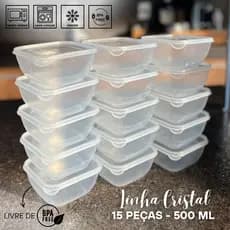 Kit com 15 Potes Quadrados 500 ML Linha Cristal Herméticos Livre de BPA Marmita Fitness Pequenas Porções