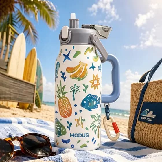 MODUS Garrafa Térmica Grande Capacidade 1.7L Inox 304 Para Academia Outdoor Viagem Estampa Moderna