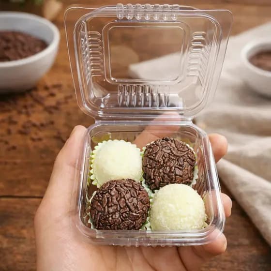 100 Unidades Embalagem Quadrada 130ml com Tampa Articulada – Bolo, Doces, Brigadeiros e Salgados