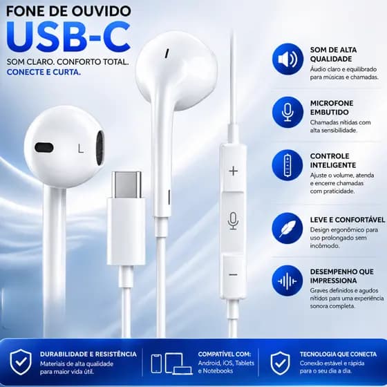 Fone De Ouvido Com Fio Tipo C Reforçado Alta Qualidade De Graves