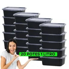 20 Potes Plástico Preto 1 Litro Com Tampa