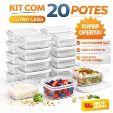 Kit 20 Potes Transparente 1 KG | Marmita Freezer Microondas Organizador