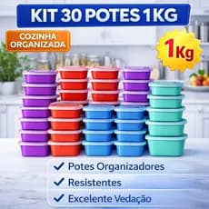 Kit 30 Potes Plástico Com Tampa 1 Litro | Freezer Geladeira Microondas Organizador Cozinha