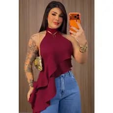 Blusinha Gola Alta Assimetrica Babado Faixa Caimento Elegante