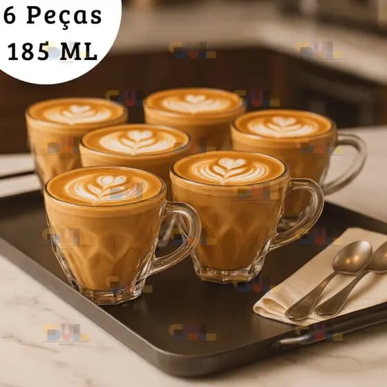 Jogo de Xicaras 6 PEÇAS de Vidro Modelo ROCKS 185ml Moderna Para Cozinha e Café Chá Resistente