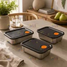 Kit 3 Potes Herméticos Aço Inox Retangular com Tampa - Organizador Geladeira Cozinha Freezer