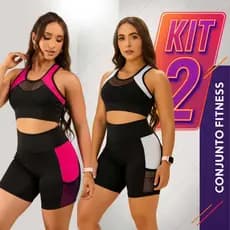 Kit 2 Conjunto Top e Short com bolso Tela Roupa Academia Cintura Alta Suplex