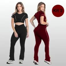 Kit 2 Conjuntos Fitness Feminino Top e Calça Flare Cintura Alta Academia Premium