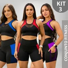 KIT 3 Conjunto Fitness Feminino Top + Short Cós Alto Roupa de academia Feminina Cropped Ginastica