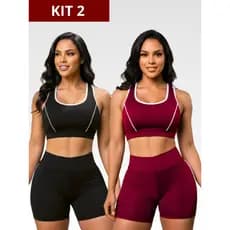 Kit 2 Conjuntos Top e Short de Academia Feminina Cintura Alta e Modeladora