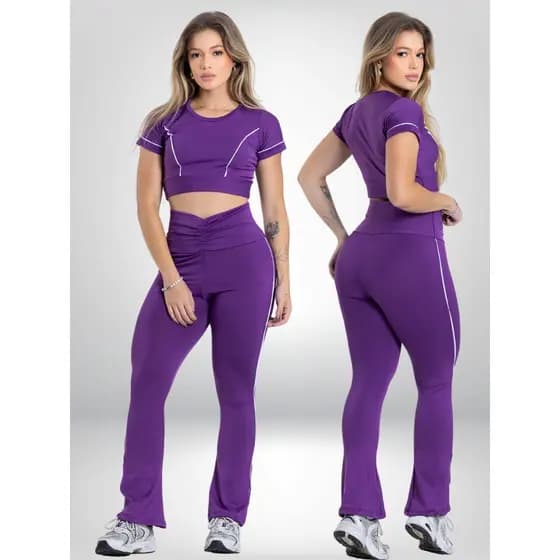 Conjunto Fitness Feminino Cintura Alta com Top Cropped e Calça Legging Flare Bailarina Academia