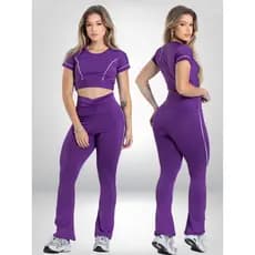 Conjunto Fitness Feminino Cintura Alta com Top Cropped e Calça Legging Flare Bailarina Academia