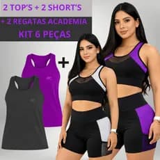 Kit 6 peças 2 Top's + 2 Short's Com Bolsos Laterais + 2 Regatas Dry Fit de brinde Fitness Feminino Treino Academia