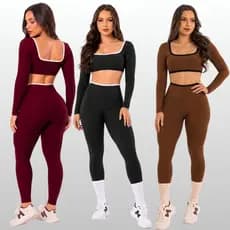 Conjunto Feminino Fitness Top Manga longa e Calça Cintura Alta Suplex Premium