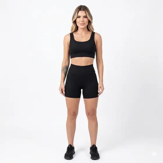 Conjunto Fitness Feminino Top + Shorts Poliamida Cós Alto Zero Transparência Academia