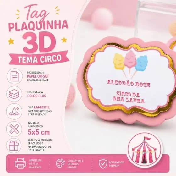Apliques 3D plaquinha 5X5 Circo menina/Circo aquarela/Festa infantil/FAZEMOS QUALQUER TEMA